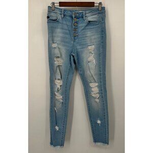 Kancan Button Fly Skinny Jeans Women 7/27 Distressed Raw Hem Light washed